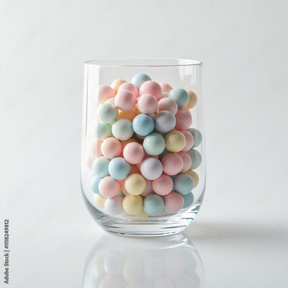 A transparent glass vase filled with pastel-colored marbles, sitting on a reflective A transparent glass vase filled with pastel-colored marbles, sitting on a reflective