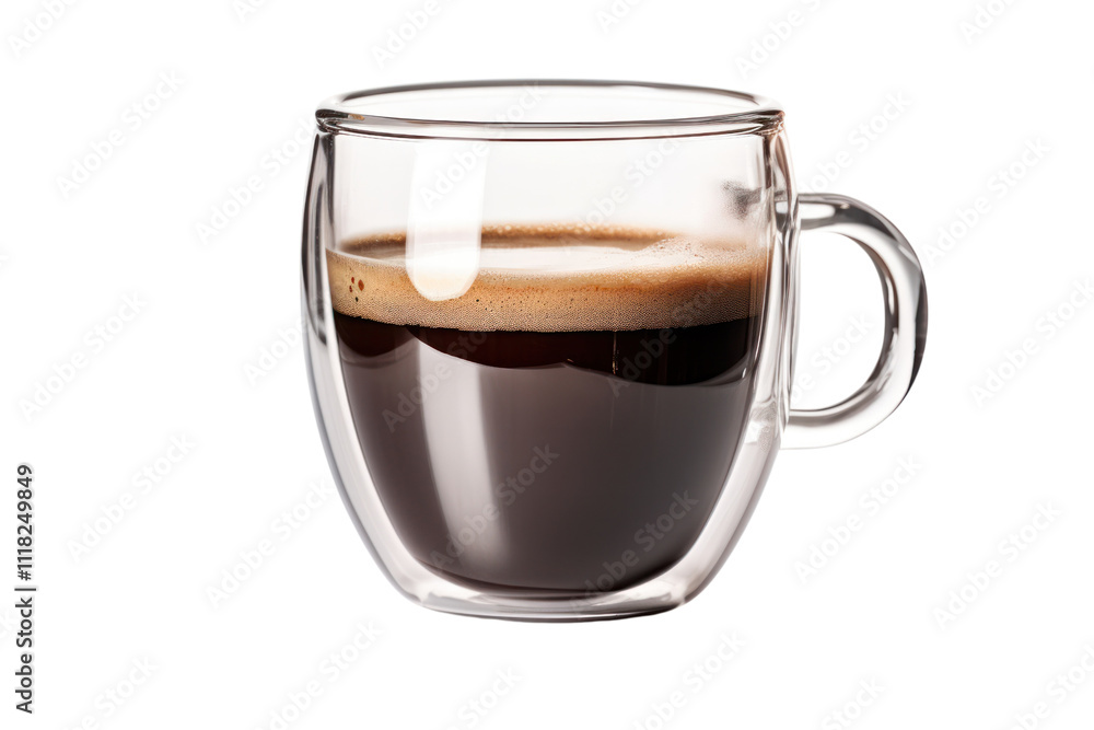 A transparent glass coffee cup with a double-walled design, allowing the viewer to see the aromatic coffee inside. The cup is positioned on a white surface, reflecting light beautifully A transparent glass coffee cup with a double-walled design, allowing the viewer to see the aromatic coffee inside. The cup is positioned on a white surface, reflecting light beautifully