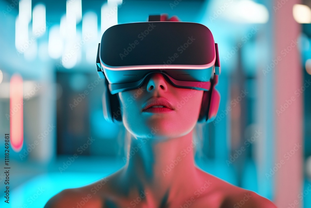 A person wearing VR headset, immersed in a digital experience. A person wearing VR headset, immersed in a digital experience.