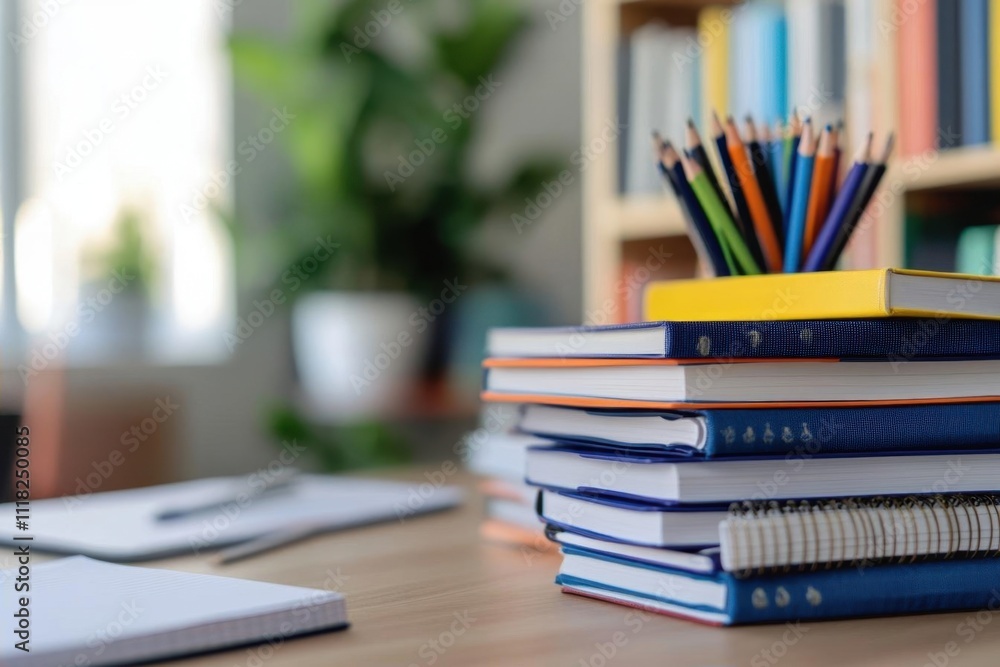 A study area with stacked books, notebooks, and colored pencils.