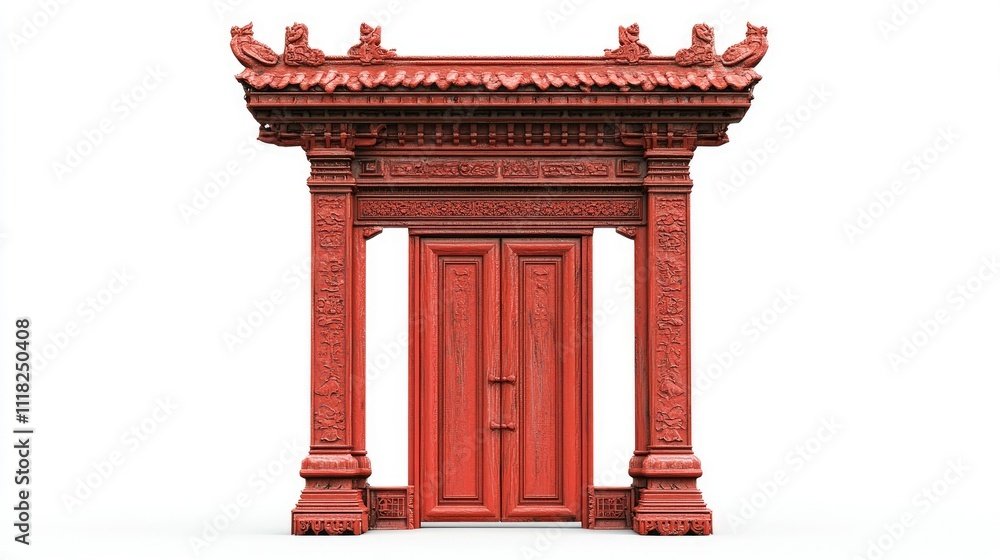 Fototapeta premium A single ornate red ceramic gate with carved details, standing boldly on a white background