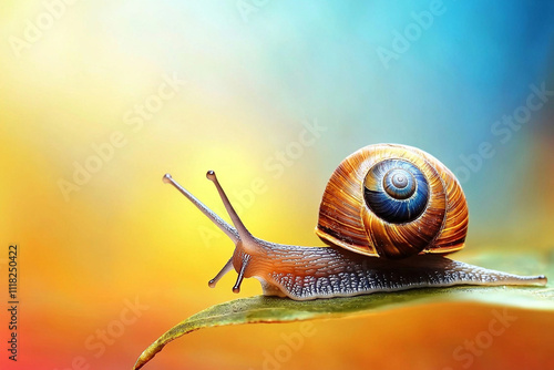 Colorful snail exploring a vibrant leaf under soft light photo