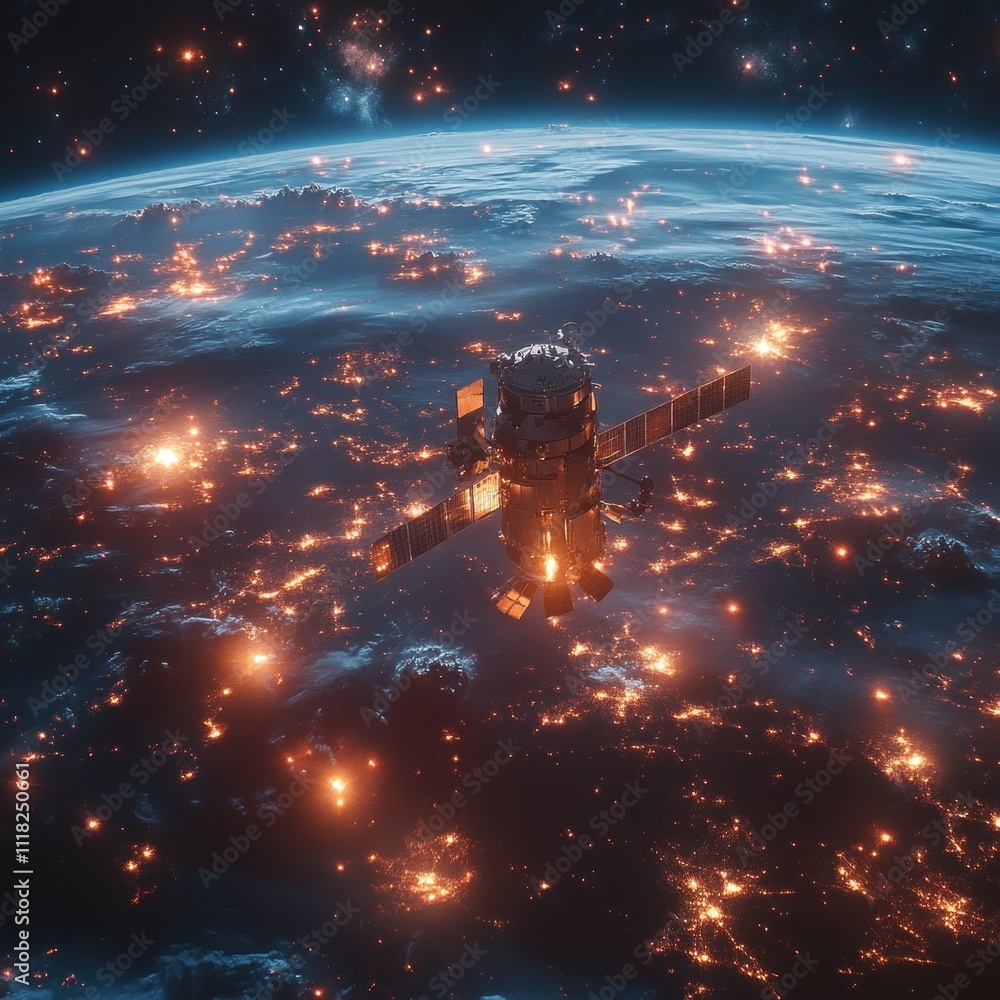A satellite orbits Earth, capturing the planet's illuminated surface against a cosmic backdrop. A satellite orbits Earth, capturing the planet's illuminated surface against a cosmic backdrop.