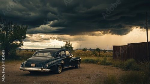 A single classic car parked in an empty lot under dramatic stormy skies