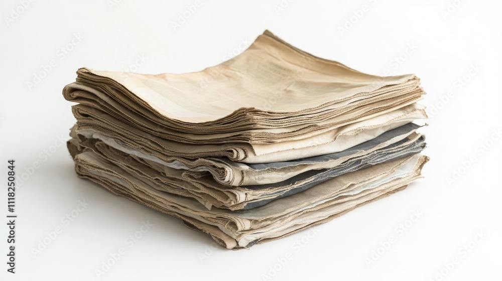 A single pile of folded newspapers with yellowed edges, isolated on a pure white surface for a retro aesthetic A single pile of folded newspapers with yellowed edges, isolated on a pure white surface for a retro aesthetic