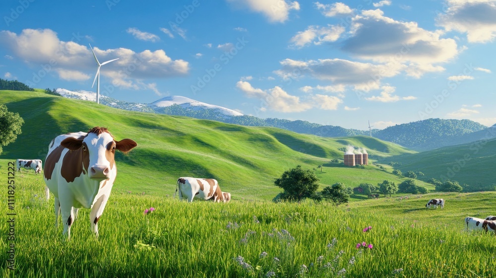 Green pastures with dairy cows and scenic windmills Green pastures with dairy cows and scenic windmills