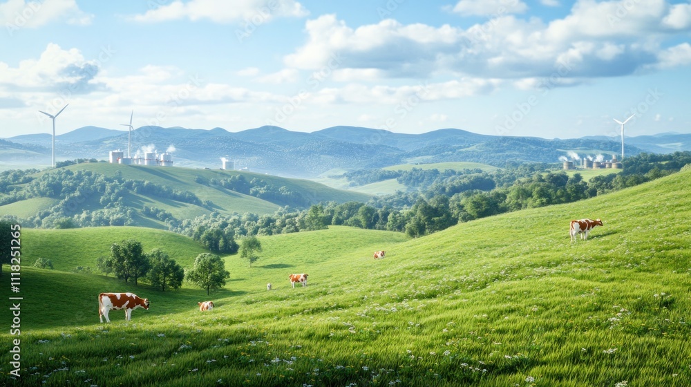 Cows grazing in lush green hills with wind turbines.