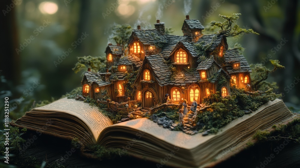 Fototapeta premium Miniature village emerges from open storybook with glowing windows