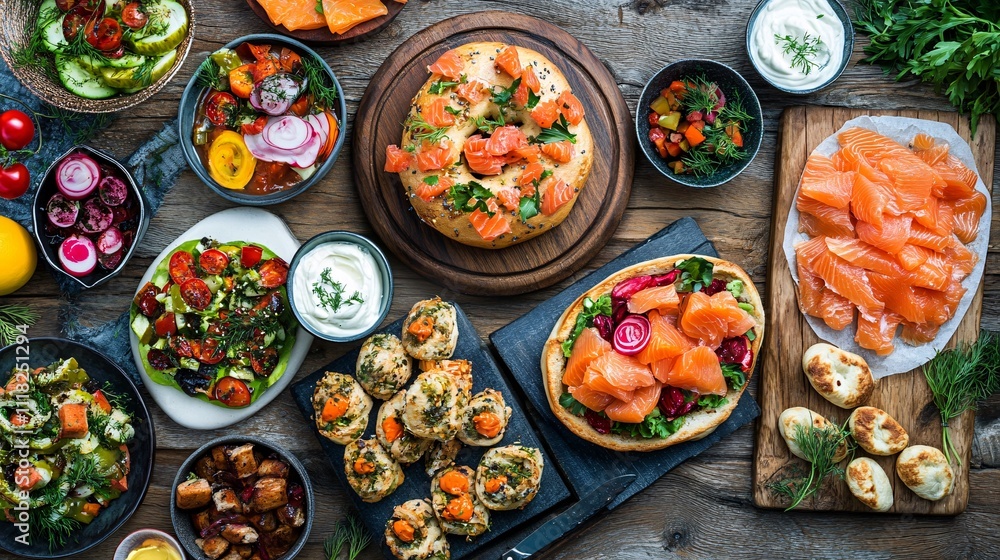 Colorful Array of Fresh and Delicious Seafood and Healthy Dishes Colorful Array of Fresh and Delicious Seafood and Healthy Dishes