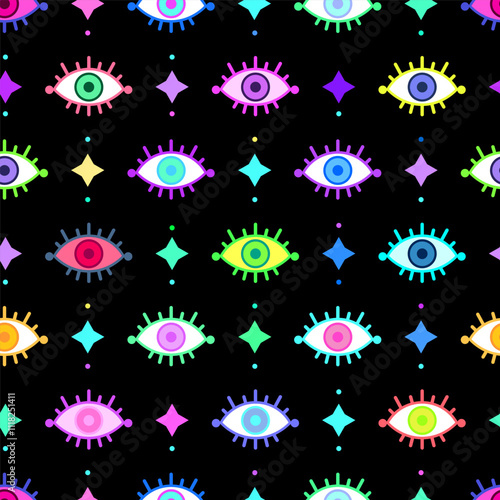 Many multi-colored eyes on a black background. Seamless vector pattern