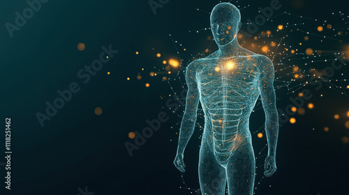 Futuristic tech illustration shows human body model. Holographic figure glows with bright tech details. Data stream flows around body. Virtual reality scene shows abstract digital art. AI