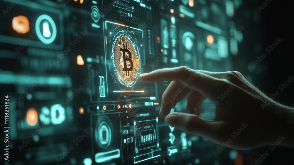 Fototapeta premium Hand interacting with a futuristic digital interface displaying a Bitcoin cryptocurrency symbol.