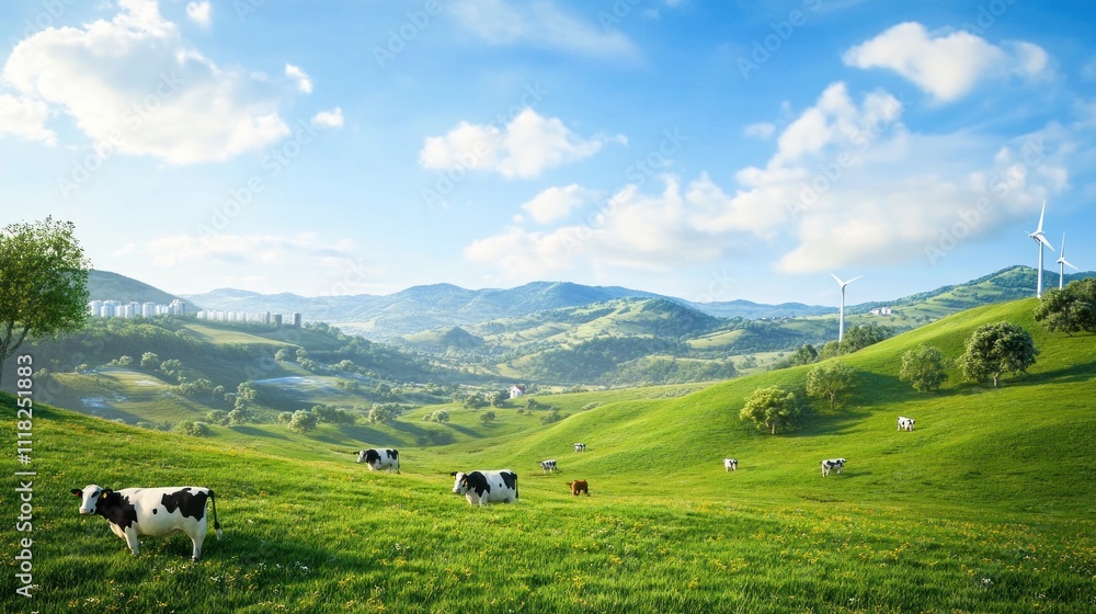 Idyllic rural scene with landscapes and energy turbines Idyllic rural scene with landscapes and energy turbines