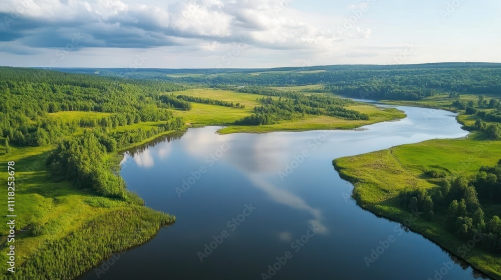 Vast river winding through lush green landscapes Vast river winding through lush green landscapes