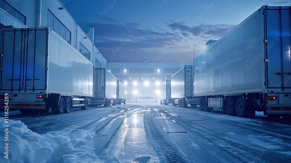 Obraz premium Double exposure transportation outdoor logistic facility with rows of trucks and trailers parked along warehouses, industrial freight travel in urban, digital technology control reduce manpower