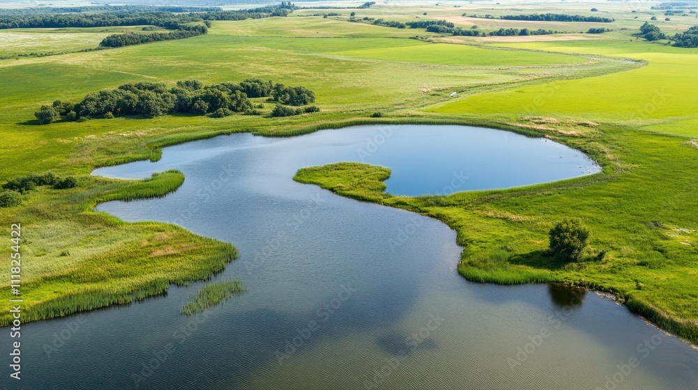 Green fields surrounding a calm lake with reflection Green fields surrounding a calm lake with reflection