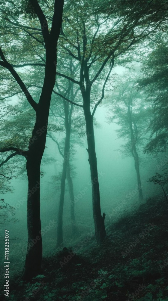 Fototapeta premium Misty forest scene with tall trees and ethereal atmosphere.