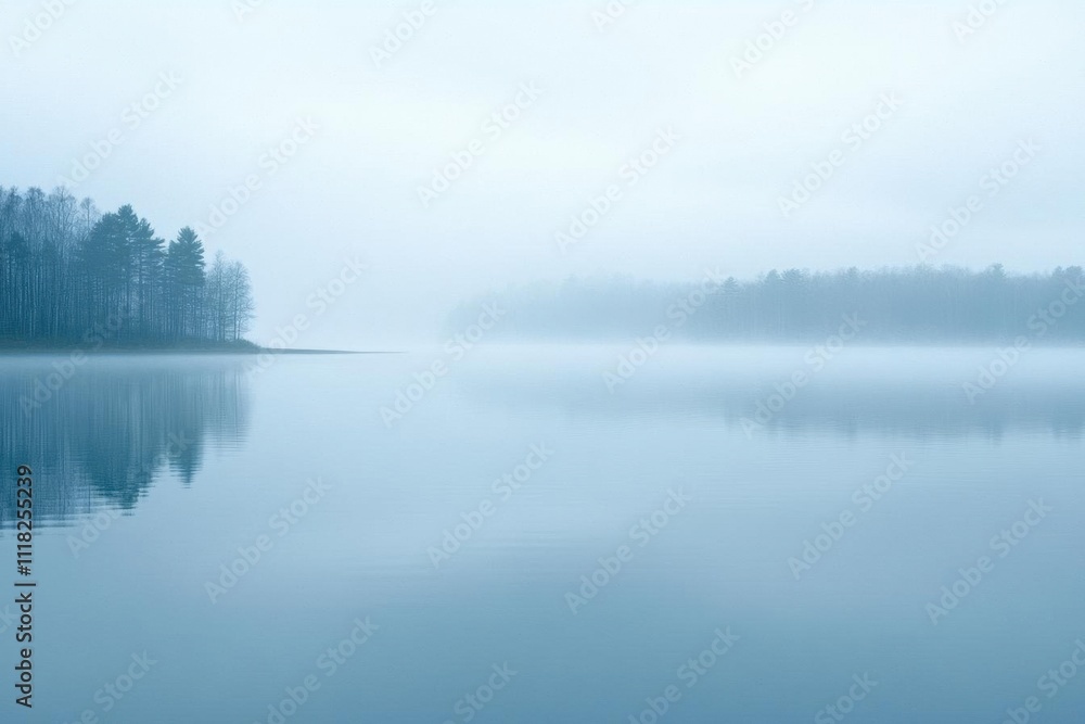 A tranquil foggy lake scene reflecting trees and calm waters. A tranquil foggy lake scene reflecting trees and calm waters.