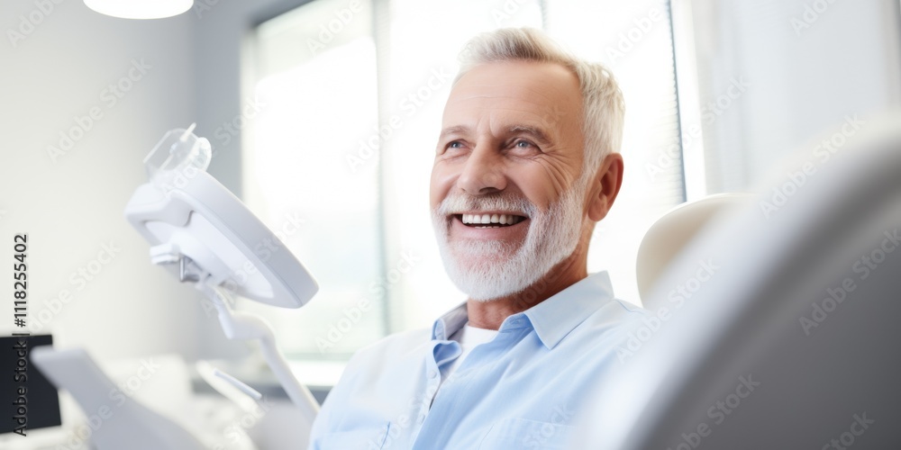 The snow-white smile of a middle-aged man in the dentist’s office. Generative AI. The snow-white smile of a middle-aged man in the dentist’s office. Generative AI.