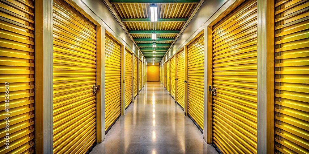 Fototapeta premium Low Light Self Storage Corridor Yellow Doors Rental Units