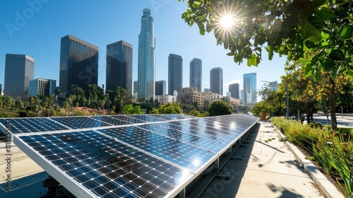Solar panels with urban skyscrapers in background