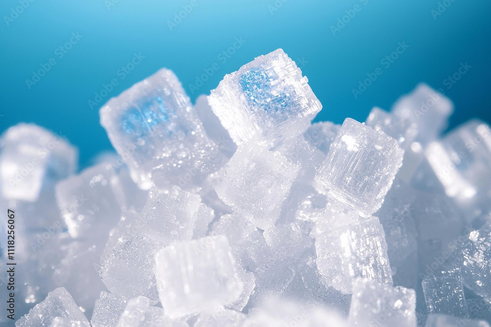 Clear sugar crystals scattered on a blue background Clear sugar crystals scattered on a blue background