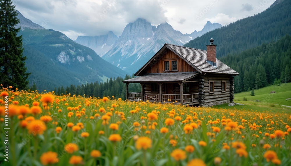 Wooden cabin sits amidst vibrant meadow of orange flowers. Mountains rise in background. Rural scenery suggests tranquil countryside escape. Beautiful landscape with traditional architecture. Green Wooden cabin sits amidst vibrant meadow of orange flowers. Mountains rise in background. Rural scenery suggests tranquil countryside escape. Beautiful landscape with traditional architecture. Green