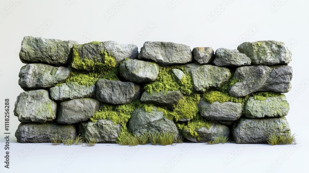 A weathered and moss-covered wall of stacked stones, prominently displayed on a bright white surface A weathered and moss-covered wall of stacked stones, prominently displayed on a bright white surface