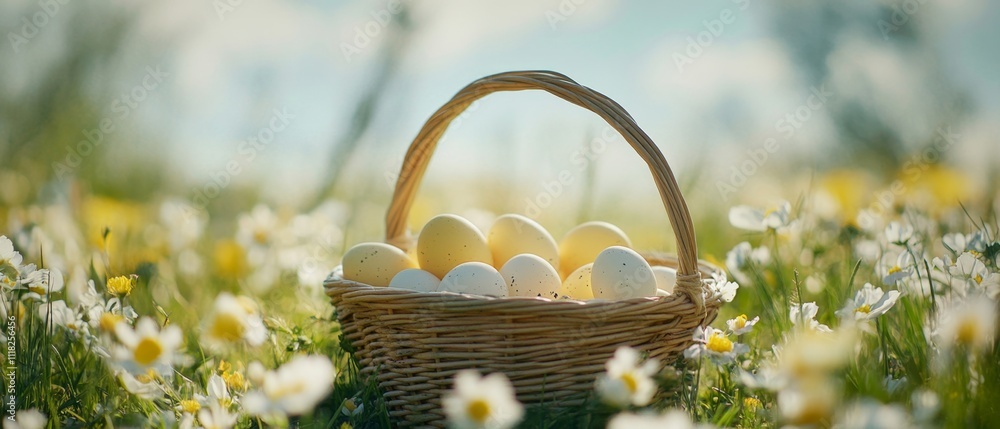 Easter Eggs Basket in a flowerfield Meadow, Background with copy space. Selective focus Easter Eggs Basket in a flowerfield Meadow, Background with copy space. Selective focus