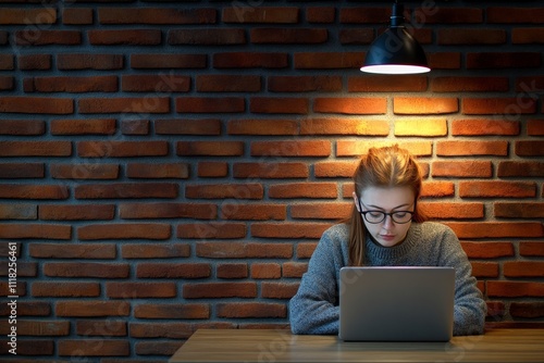 A serene image of a customer sipping coffee and using a laptop at a cozy cafe photo