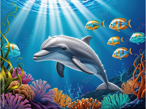 3d Dolphin Coral Colorful Fish Under the Sea
