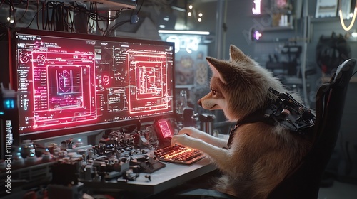 A Wolf Graphic Designer Crafting Neon Advertisements in a Creative High Tech Studio