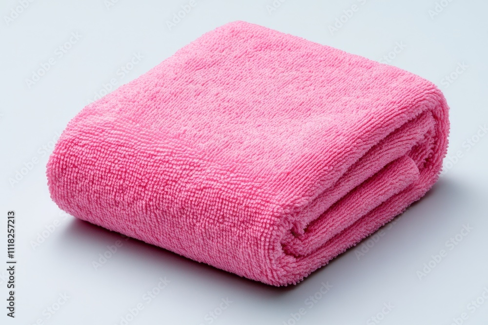 A single pink microfiber cloth with a luxurious and clean appearance, lying flat on a pure white backdrop, emphasizing its usability and design A single pink microfiber cloth with a luxurious and clean appearance, lying flat on a pure white backdrop, emphasizing its usability and design