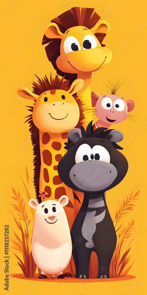 Naklejka premium Cartoon animals group with smiling lion