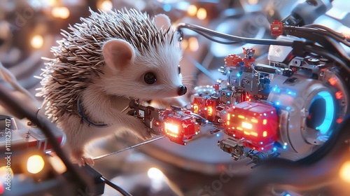 A Hedgehog Toy Maker Crafting Glowing Robotic Toys in a Whimsical Workshop