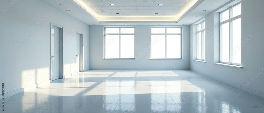 Modern Empty Hospital Interior, Large Windows, White Walls, 3D Rendering, Medical Facility Modern Empty Hospital Interior, Large Windows, White Walls, 3D Rendering, Medical Facility