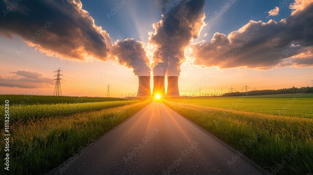 Sunrise Over Nuclear Power Plant with Dramatic Clouds and Landscape Sunrise Over Nuclear Power Plant with Dramatic Clouds and Landscape