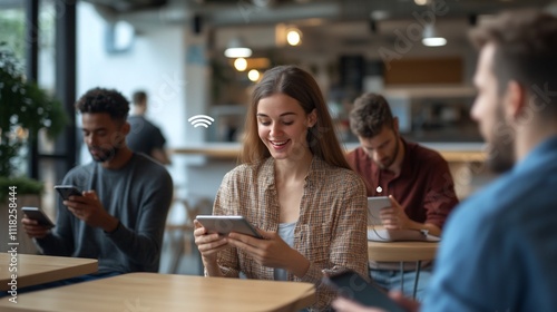 Group of people using smartphones in a modern caf? setting.