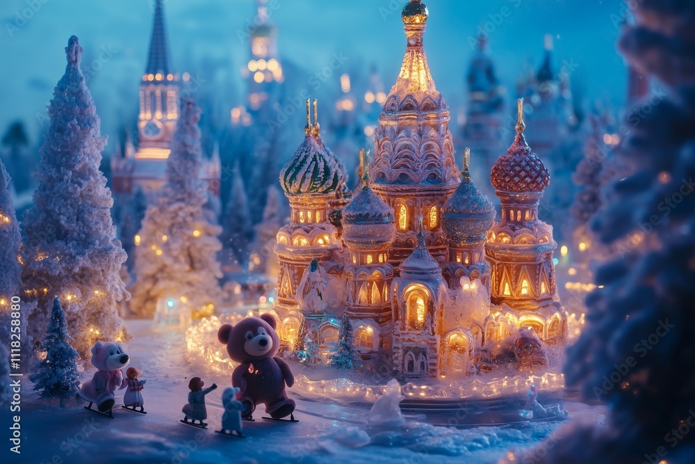 A whimsical winter scene in Moscow with Saint Basil’s Cathedral made entirely of glowing ice and snow, surrounded by skating bears in traditional costumes A whimsical winter scene in Moscow with Saint Basil’s Cathedral made entirely of glowing ice and snow, surrounded by skating bears in traditional costumes