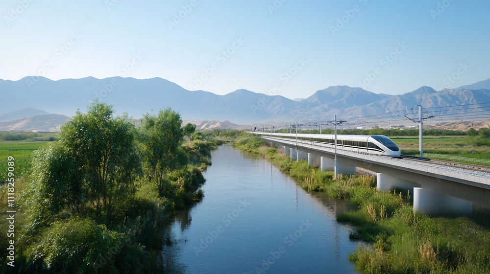 High-speed train traveling near a river with mountains in the background. High-speed train traveling near a river with mountains in the background.