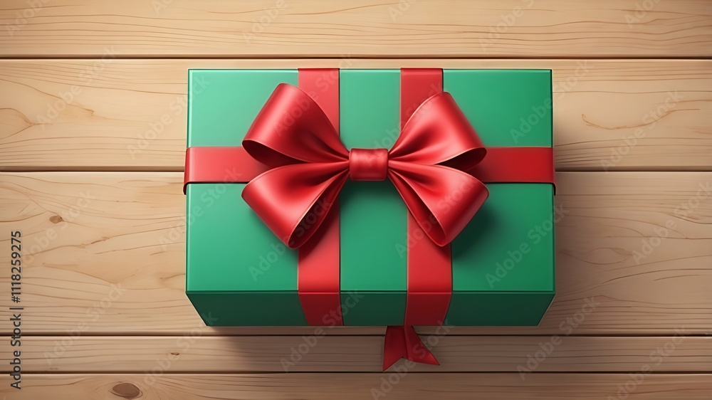 Green Gift Box with Red Bow on Wooden Surface