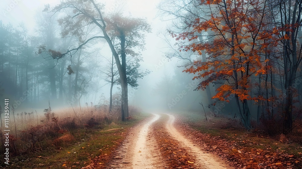 Misty autumnal forest path, winding road through fog-laden trees with vibrant fall foliage. A serene, mysterious scene. Misty autumnal forest path, winding road through fog-laden trees with vibrant fall foliage. A serene, mysterious scene.