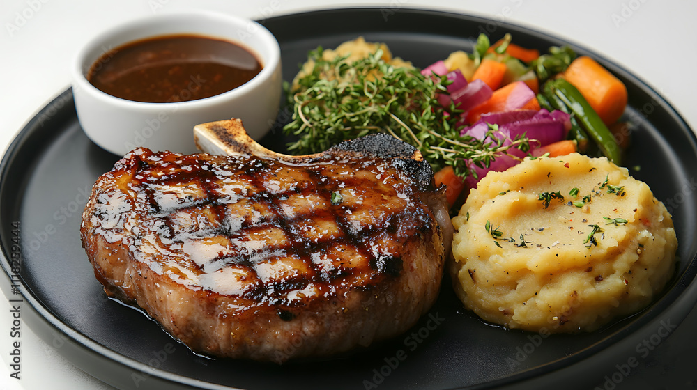 Grilled t-bone steak with vegetables and mashed potatoes in modern kitchen setting Grilled t-bone steak with vegetables and mashed potatoes in modern kitchen setting