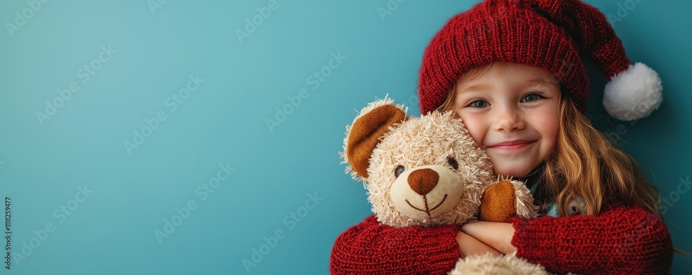 A joyful child in a cozy red sweater and hat hugs a teddy bear against a soft blue background, embodying warmth and happiness. A joyful child in a cozy red sweater and hat hugs a teddy bear against a soft blue background, embodying warmth and happiness.
