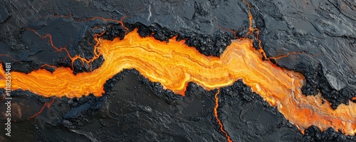 A flowing river of molten lava contrasts against dark volcanic rock, showcasing the raw power of nature.
