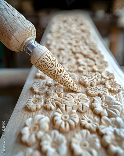 Close-up of wood carving tool detailing floral design on wooden plank.