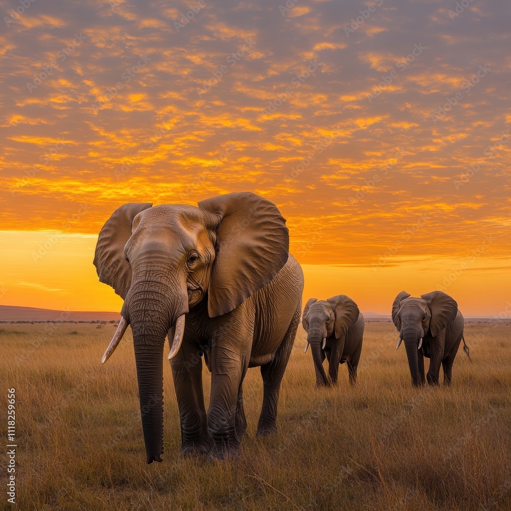 Obraz premium A majestic herd of elephants strolls gracefully across the savanna at sunset, showcasing their strength and beauty in harmony with nature.