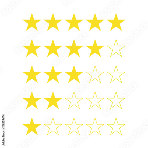 five stars customer product review icon set. yellow 5 star rating feedback for website, app, ui design. transparent png and vector illustration.