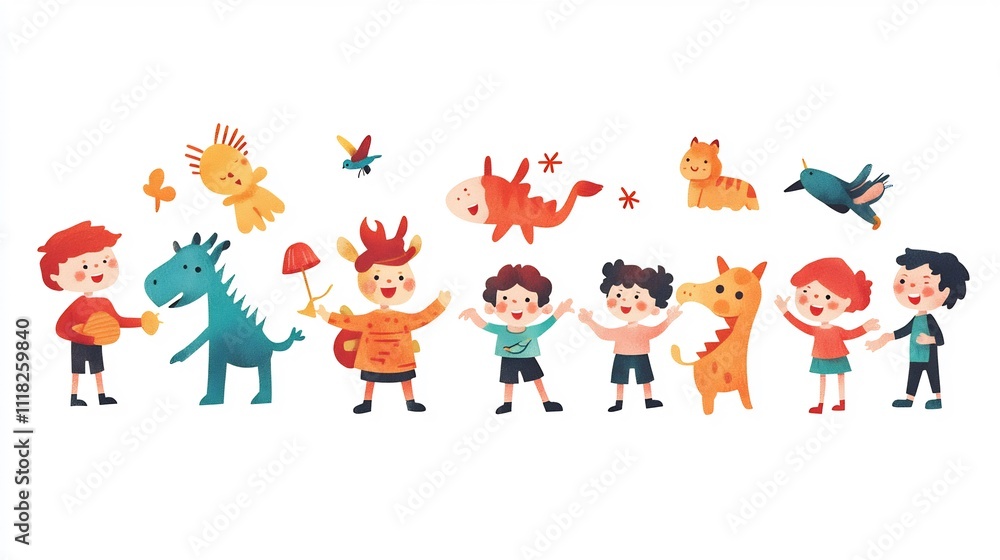 Happy children playing with fantasy animals. Happy children playing with fantasy animals.