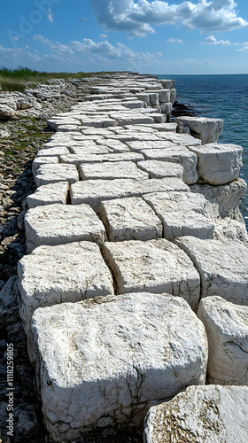 Coastal clifftop path of large, white, square stones, curving gently towards the sea under a bright blue sky.